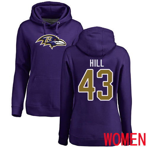 Baltimore Ravens Purple Women Justice Hill Name and Number Logo NFL Football #43 Pullover Hoodie Sweatshirt->baltimore ravens->NFL Jersey